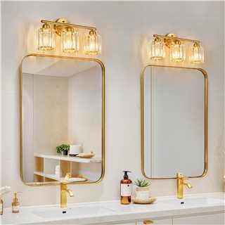 Modern 3 Light Crystal Vanity Light, Brushed Gold Vertical Bathroom Light Fixture Over Mirror for Dressing Table Sink, Compatible with Dimmable Bulbs (Bulbs Not Included)