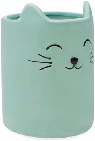Isaac Jacobs Blue Ceramic Cat Makeup Brush Holder, Multi-Purpose Cup Organizer. Bathroom, Kitchen, Bedroom, Office Décor (Single Cup, Pastel Blue)