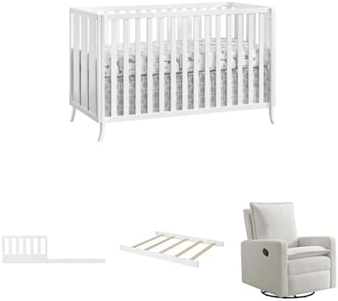 Oxford Baby 4 PC Nursery Set Arlie 4 in 1 Convertible Island Crib White, Toddler Guard Rail White, Full Bed Conversion Kit White + Uptown Nursery Chair, Boucle White Upholstered Swivel Glider