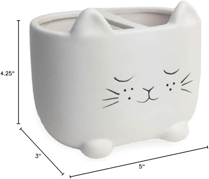 Isaac Jacobs White Ceramic Cat Makeup Brush Holder, Multi-Purpose 2-Section Organizer. Bathroom, Kitchen, Bedroom, Office Décor (2-Section Cup, Pastel White)