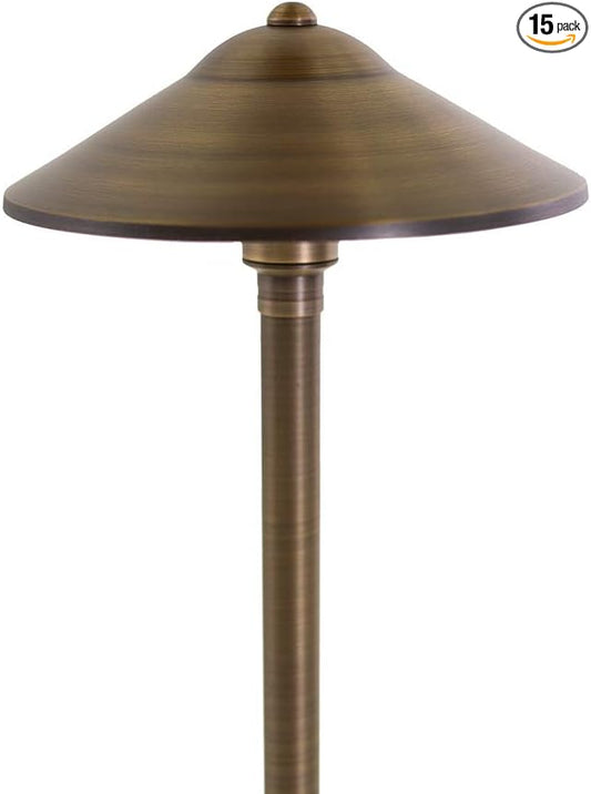 VOLT 15-Pack 12V Cast Brass Max Spread Path Lights (9" Shade, 25" Tall) with 3W 2700K Warm White G4 LED Bulbs for Low Voltage Landscape Lighting on Outdoor Pathway, Walkway, Garden, Driveway or Patio