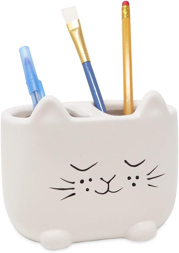 Isaac Jacobs White Ceramic Cat Makeup Brush Holder, Multi-Purpose 2-Section Organizer. Bathroom, Kitchen, Bedroom, Office Décor (2-Section Cup, Pastel White)