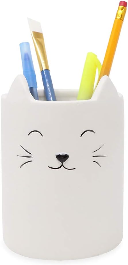 Isaac Jacobs White Ceramic Cat Makeup Brush Holder, Multi-Purpose Cup Organizer. Bathroom, Kitchen, Bedroom, Office Décor (Single Cup, Pastel White)