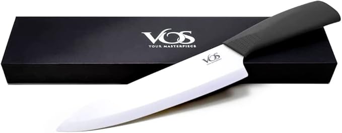 Vos Ceramic Chef Knife 8 Inch with Protection Cover – Large Ceramic Kitchen Knife for Slicing, Dicing, and Fruits – Lightweight Zirconia Blade – Luxury Gift Packaging – Ultra Sharp Chefs Knife (Black)
