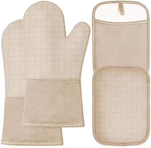 HOMWE Silicone Oven Mitts and Pot Holders, 4-Piece Set, Heavy Duty Cooking Gloves, Kitchen Counter Safe Trivet Mats, Advanced Heat Resistance (Beige, Oven Mitt & Pot Holder)