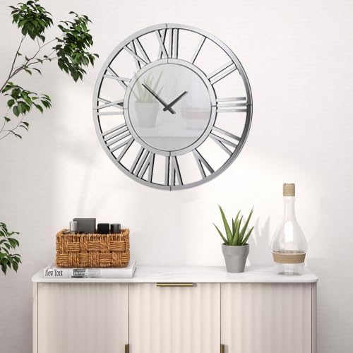 24" Large Wall Clock Decorative, Acrylic Mirrored Clock for Living Room Decor, Battery Operated Big Silver Modern Wall Clocks