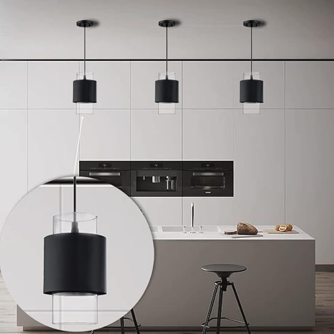 1 Light Hanging Indoor Kitchen Island Pendant Light 6" Drum Glass Shade Pendant Ceiling Light Fixtures Modern Farmhouse Dinning Over Sink (Black Finish, 1 Pack)