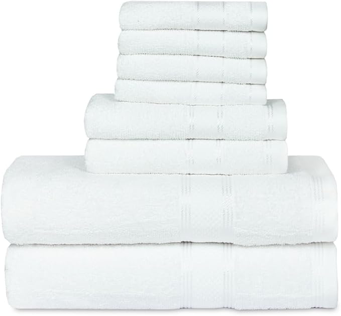 Casa Lino Bath Towel Set of 8 (2 Bath Towels, 4 Wash Cloths & 2 Hand Towels for Bathroom) - 100% Cotton - Highly Absorbent & Quick Dry - Guest Room Essentials for Bathroom Set - (White)