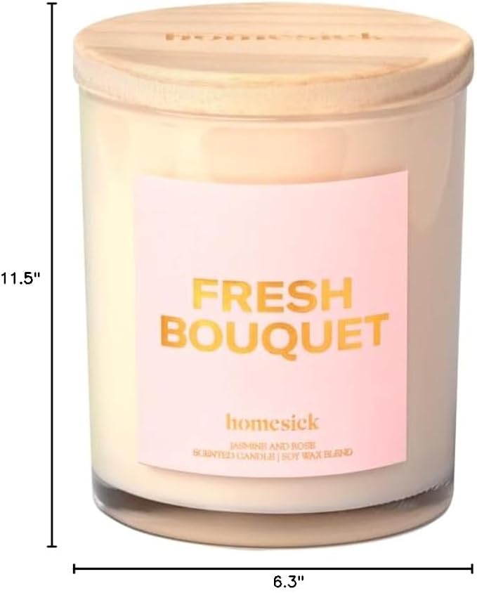Homesick Scented Candles for Home (Fresh Bouquet) - 7.5 oz Long-Lasting Natural Soy Wax Blend Jar Candle Gift for Women & Men for All Occasions, 30-35 Hours Burn Time - Notes of Jasmine & Rose