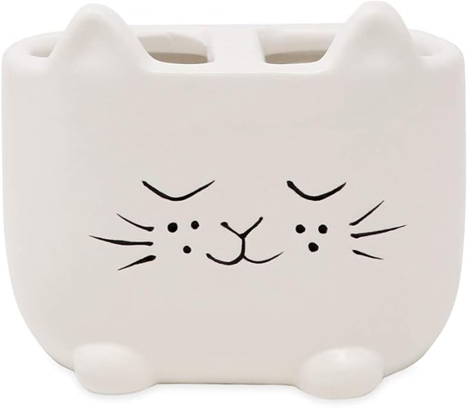 Isaac Jacobs White Ceramic Cat Makeup Brush Holder, Multi-Purpose 2-Section Organizer. Bathroom, Kitchen, Bedroom, Office Décor (2-Section Cup, Pastel White)