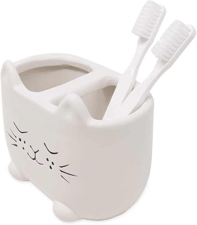 Isaac Jacobs White Ceramic Cat Makeup Brush Holder, Multi-Purpose 2-Section Organizer. Bathroom, Kitchen, Bedroom, Office Décor (2-Section Cup, Pastel White)