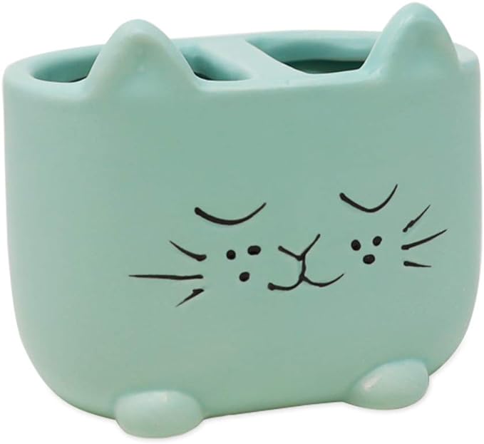 Isaac Jacobs Blue Ceramic Cat Makeup Brush Holder, Multi-Purpose 2-Section Organizer. Bathroom, Kitchen, Bedroom, Office Décor (2-Section Cup, Pastel Blue)