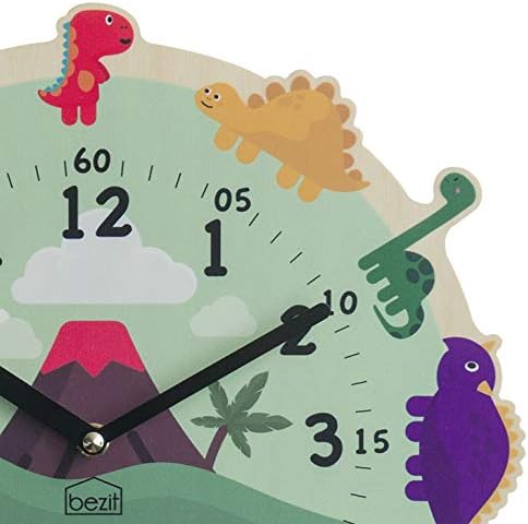 Silent Kids Wall Clock - Dinosaur Wooden Clock for Home, Nursery, Office, Baby Room - Non-Ticking, Decorative, Cute (Happy Dinosaur)
