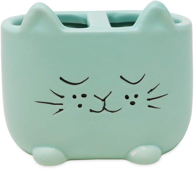 Isaac Jacobs Blue Ceramic Cat Makeup Brush Holder, Multi-Purpose 2-Section Organizer. Bathroom, Kitchen, Bedroom, Office Décor (2-Section Cup, Pastel Blue)