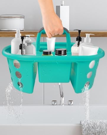 Large Shower Caddy Portable 2PC - Made in USA Plastic Jumbo Size Dorm Storage Candy Tote with Handle Shower Organizer for Bathroom, Pantry, Kitchen, College Dorm, Aqua