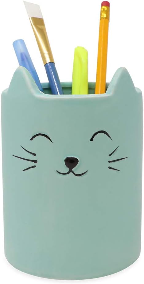 Isaac Jacobs Blue Ceramic Cat Makeup Brush Holder, Multi-Purpose Cup Organizer. Bathroom, Kitchen, Bedroom, Office Décor (Single Cup, Pastel Blue)