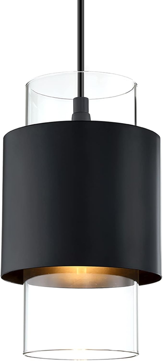 1 Light Hanging Indoor Kitchen Island Pendant Light 6" Drum Glass Shade Pendant Ceiling Light Fixtures Modern Farmhouse Dinning Over Sink (Black Finish, 1 Pack)