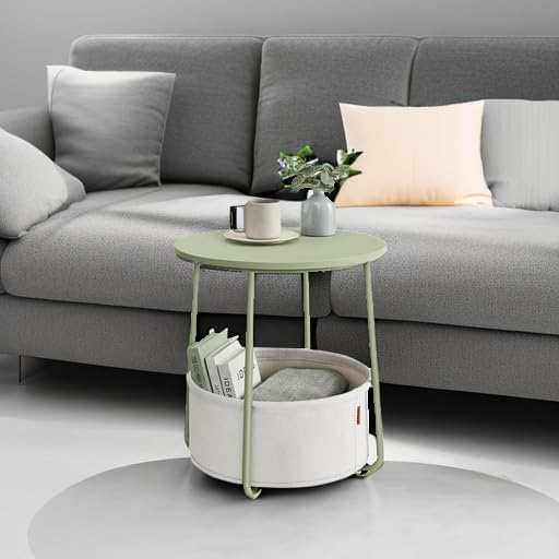 VASAGLE Small Round Side End Table, Modern Nightstand with Fabric Basket, Laurel Green and Cream White ULET223C69