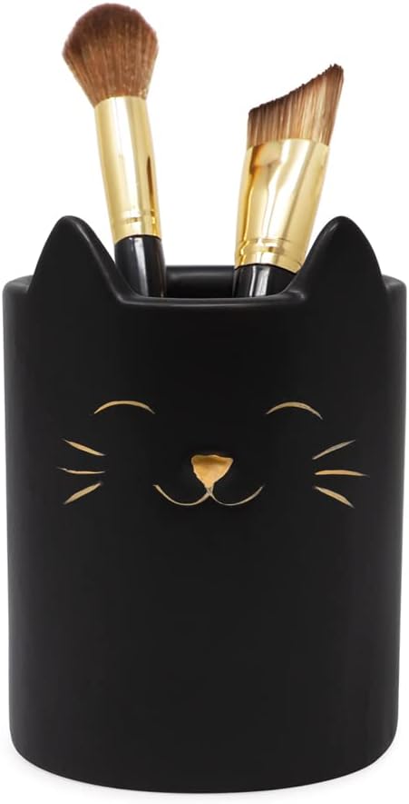 Isaac Jacobs Black Ceramic Cat Makeup Brush Holder, Multi-Purpose Cup Organizer. Bathroom, Kitchen, Bedroom, Office Décor (Single Cup, Matte Black)