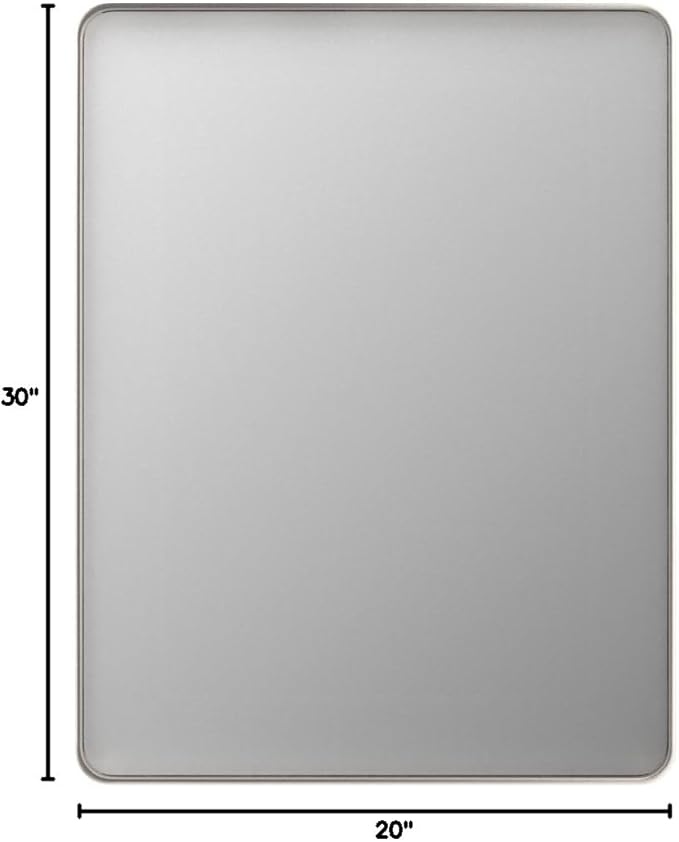 LOAAO 20X30 Inch Brushed Nickel Bathroom Mirror, Rounded Rectangle Silver Metal Frame Mirror, Brushed Nickel, Anti-Rust, Shatter Proof, Hangs Horizontally or Vertically