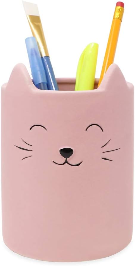 Isaac Jacobs Pink Ceramic Cat Makeup Brush Holder, Multi-Purpose Cup Organizer. Bathroom, Kitchen, Bedroom, Office Décor (Single Cup, Pastel Pink)