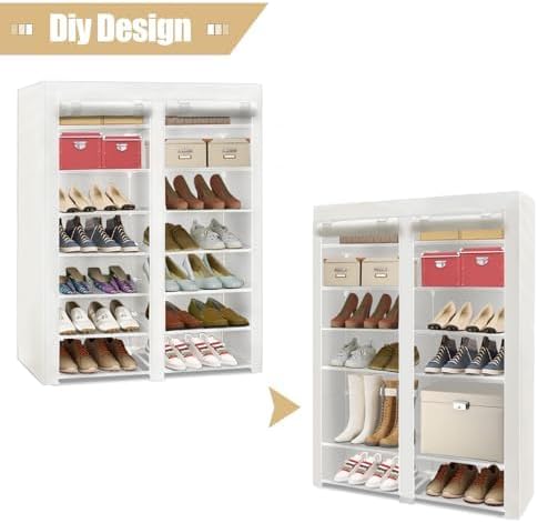 ERONE Shoe Rack Storage Organize, 28 Pairs Portable Double Row with Nonwoven Fabric Cover Shoe Shelf Cabinet for Closet (White)