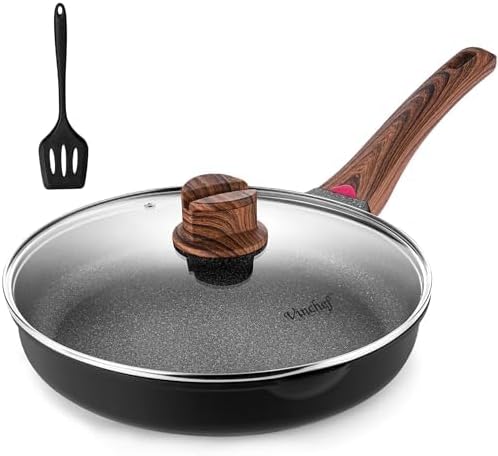 Vinchef Non Stick Frying Pan with Lid,9.5 Inch Anti Scratch Skillet Cast Aluminum Cookware, Induction Compatible Black