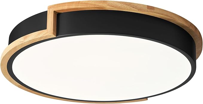 Modern LED Close to Ceiling Light, Round Flush Mount Ceiling Lighting Fixture, Matte Black with Wood Accent, Minimalist Kitchen Light Fixtures for Bedroom, Entryway, Living Room, 15.8in