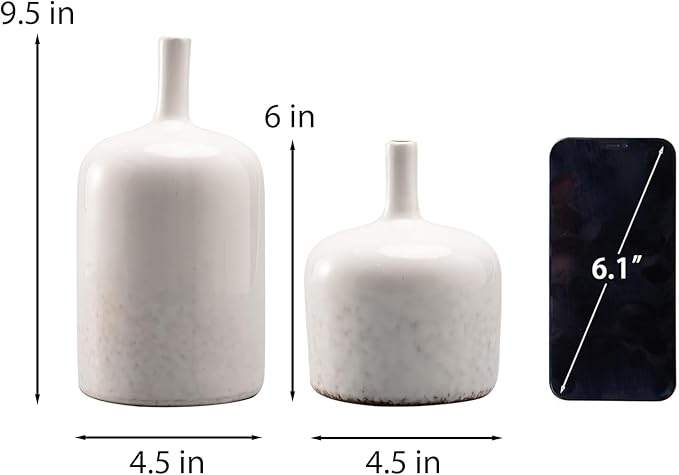 White Ceramic Vase Set - Set of 2 Table Vase, Ceramic Flower Vases for Centerpieces, White Reactive Long Neck Vases, Large Tabletop Living Room Decor 9.5 Inch Cynkeyee
