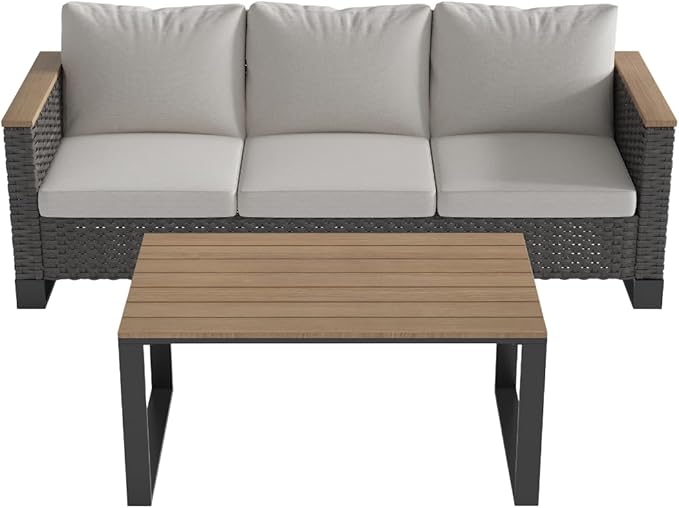 Ypati 2-Piece Handwoven Rattan Patio Modern Style Conversation Set, Aluminum Frame and Wooden-Style Armrest for Porch, Balcony, Garden, 3-seats Sofa with Conversation Table, Black & Light Gray