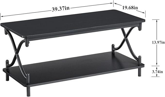 VECELO 39-Inch Coffee Table with Storage and Open Shelves for Living Dining Room, Modern Rectangle & Industrial Design, X-Shape Frame, Black