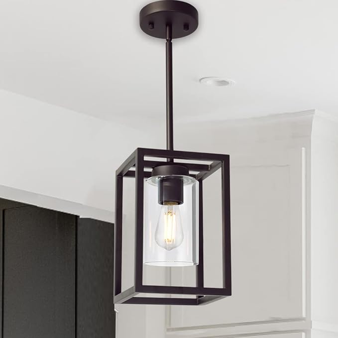 VINLUZ Modern 1-Light Cage Kitchen Island Pendant Lighting with Glass Shade Oil Rubbed Bronze Chandeliers Dining Room Lighting Fixtures Hanging Semi Flush Mount Ceiling Lights Bedrooms Hallway