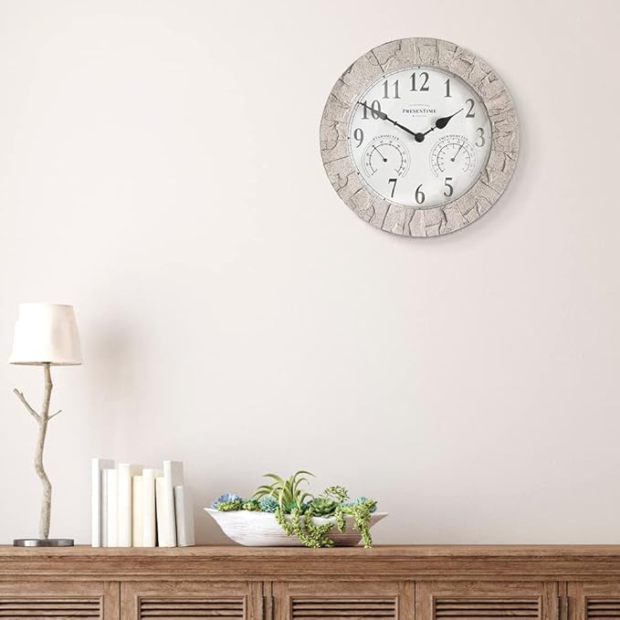 Presentime & Co Sandstone Outdoor Clock with Thermometer & Hygrometer as All in one Weather Station, 14", Coastal Sandstone Finish. Weather Thermometer, Outdoor Décor, Wall Décor.