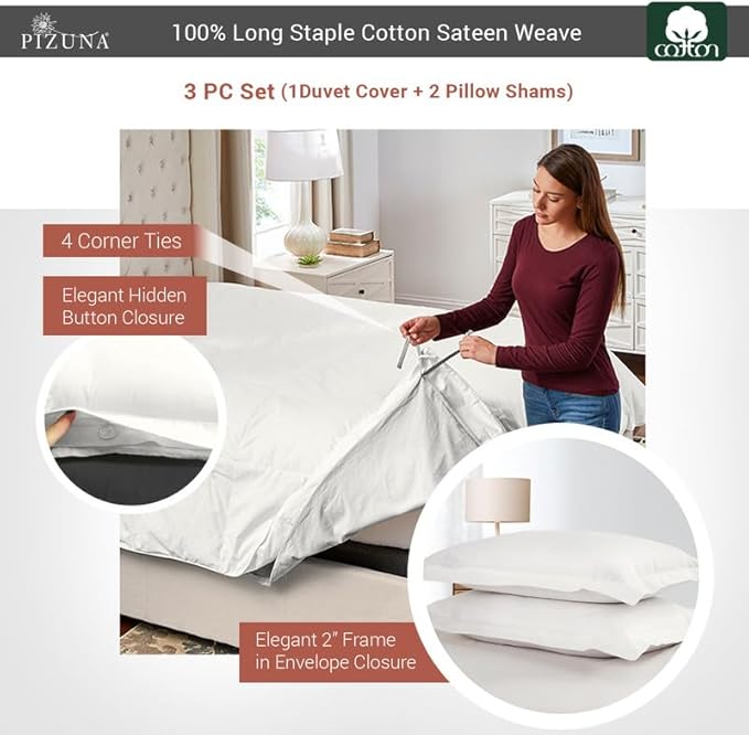Pizuna Pure 100% Cotton King Duvet Cover Set, Luxurious 400 Thread Count Long Staple Cotton Sateen Weave with Button Closure (Combed Off White Cotton Duvet Cover King)