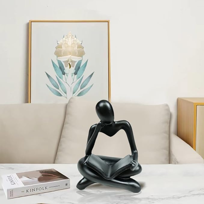 Thinker Statue Reading Women Figurine Abstract Art Sculpture Home Decor Modern Black Accents for Living Room Shelves Bookshelf Office Shelf Desktop Decoration