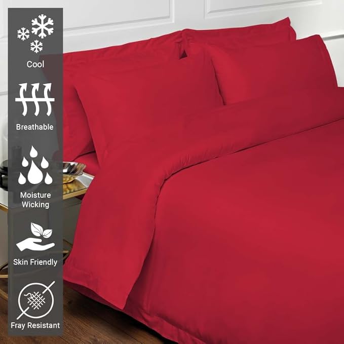 Pizuna Pure 100% Cotton Queen Duvet Cover Set, Luxurious 400 Thread Count Long Staple Cotton Sateen Weave with Button Closure (Combed Red Burgundy Cotton Duvet Cover Queen)