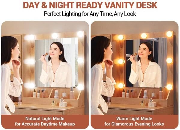 Vanity Desk with Mirror and Lights, Makeup Dressing Table w/Adjustable Bulbs, Outlets & USB Ports, Sturdy MDF Top & Metal Leg, Smart Storage Drawers & Cabinets for Bedroom