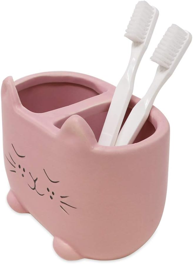 Isaac Jacobs Pink Ceramic Cat Makeup Brush Holder, Multi-Purpose 2-Section Organizer. Bathroom, Kitchen, Bedroom, Office Décor (2-Section Cup, Pastel Pink)