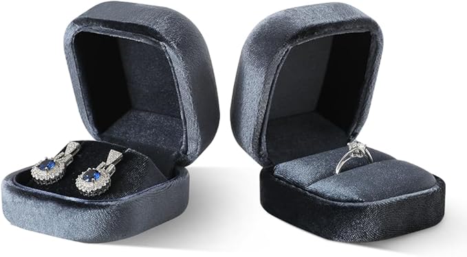 Resilient Velvet Ring Earrings Bracelet Necklace Display Box, Travel Mini Jewelry Organizer Case (Gray, Ring Box)