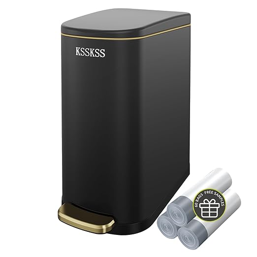 2.6 Gallon Slim Bathroom Trash Can with Soft Close Lid, 10L Stainless Steel Garbage Can with Removable Liner Bucket, for Narrow Spaces, Bathroom, Bedroom (Matt Black)