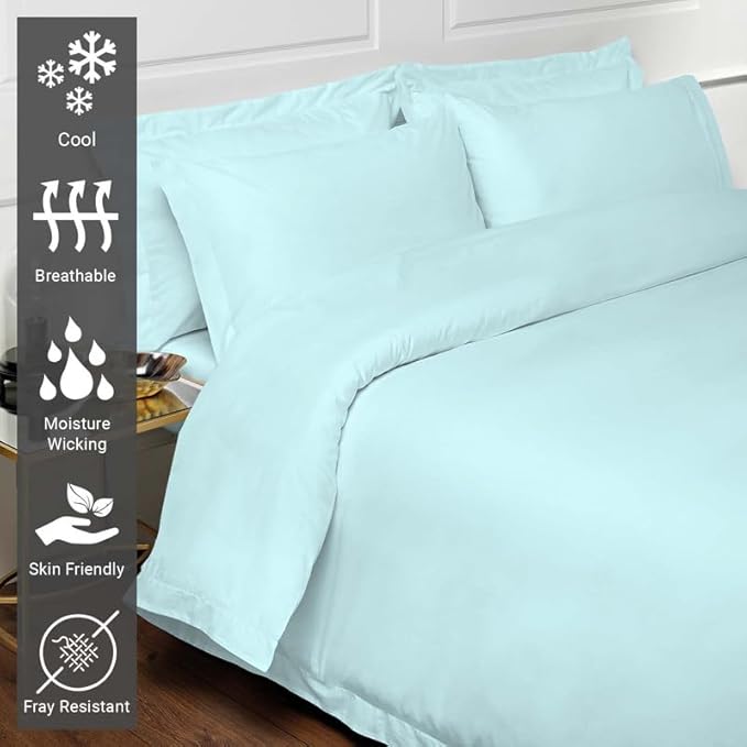 Pizuna Pure 100% Cotton Queen Duvet Cover Set, Luxurious 400 Thread Count Long Staple Cotton Sateen Weave with Button Closure (Combed Ice Aqua Cotton Duvet Cover Queen)