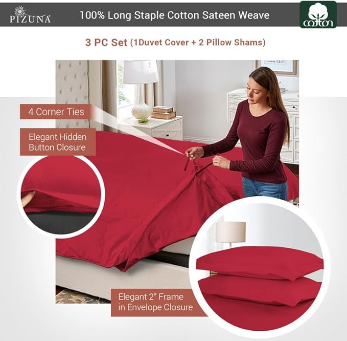 Pizuna Pure 100% Cotton Queen Duvet Cover Set, Luxurious 400 Thread Count Long Staple Cotton Sateen Weave with Button Closure (Combed Red Burgundy Cotton Duvet Cover Queen)