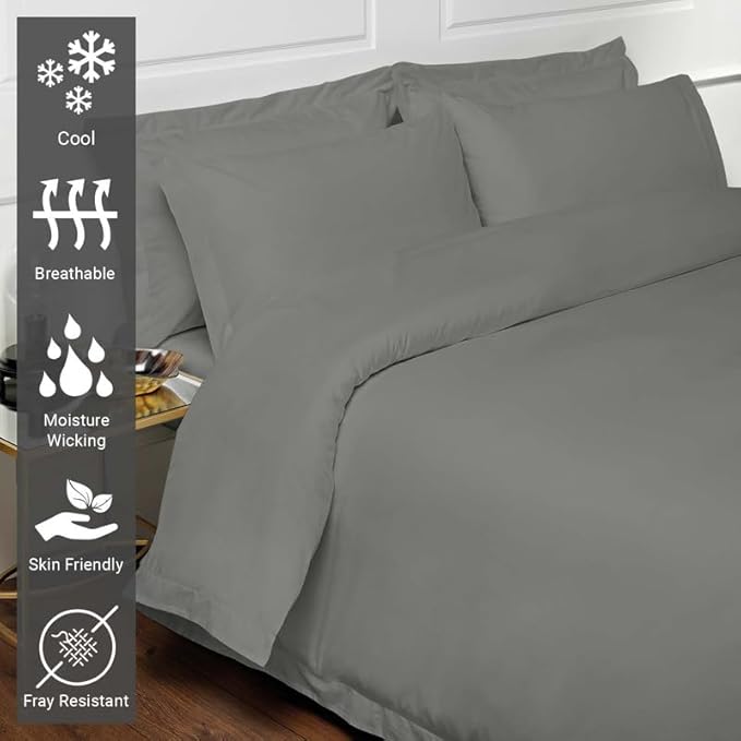 Pizuna Pure 100% Cotton Queen Duvet Cover Set, Luxurious 400 Thread Count Long Staple Cotton Sateen Weave with Button Closure (Combed Pearl Grey Cotton Duvet Cover Queen)