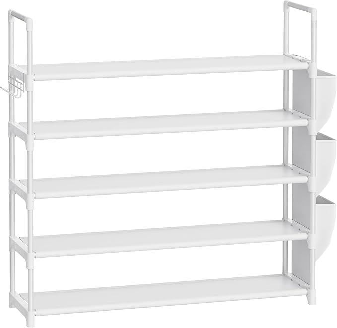 Shoe Rack for Closet Shoe Organizer Space Saver Storage for 20-25 Pair Shoe Shelf with Hook and Side Pocket Free Standing 5 Tier Shoe Rack Organizer for Entryway,Small Spaces, White