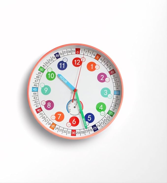 Wall Clocks,10Inch Learning Time Clock, Colorful Clock Face Silent Clocks with Simple Thermometer,Clear Digital Wall Clock (Peach Pink)