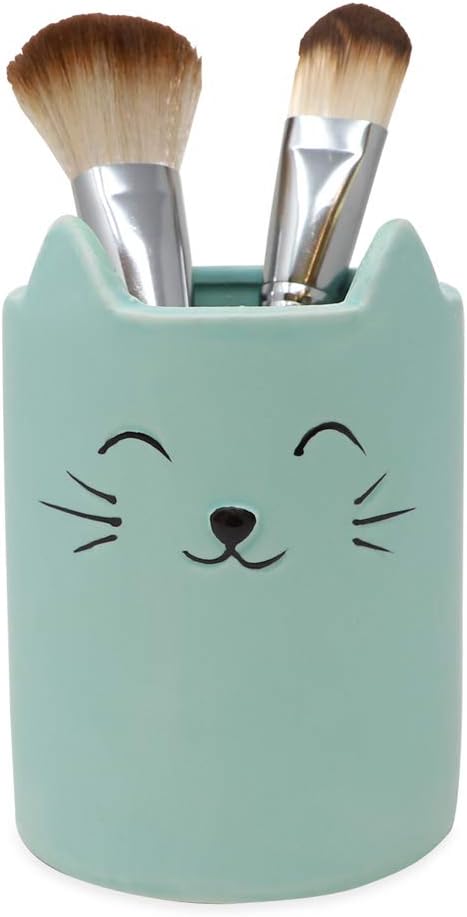 Isaac Jacobs Blue Ceramic Cat Makeup Brush Holder, Multi-Purpose Cup Organizer. Bathroom, Kitchen, Bedroom, Office Décor (Single Cup, Pastel Blue)