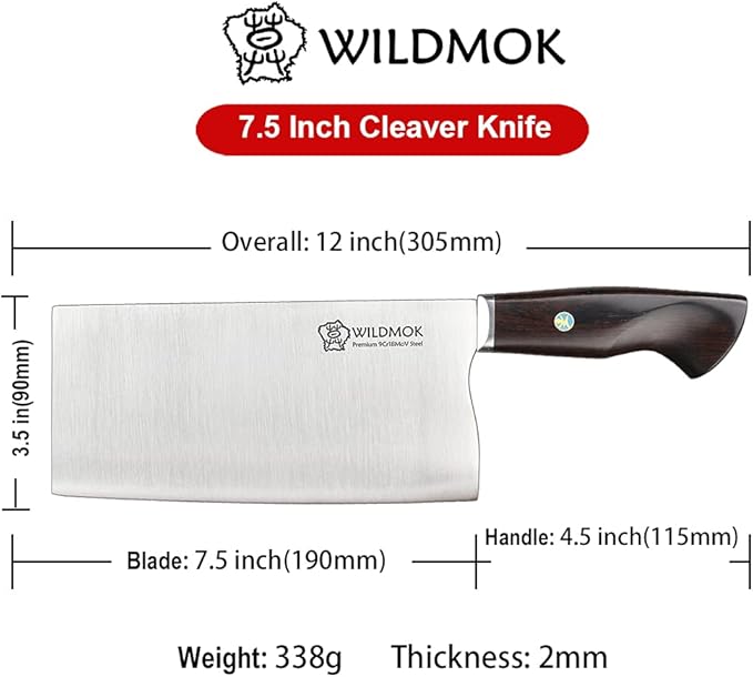 WILDMOK 7.5 Inch Cleaver Knife, Chinese Kitchen Knife, Pro Sharp Asian Chef Knife, 9Cr18MoV Stainless Steel with Ebonywood Handle - Fen Series
