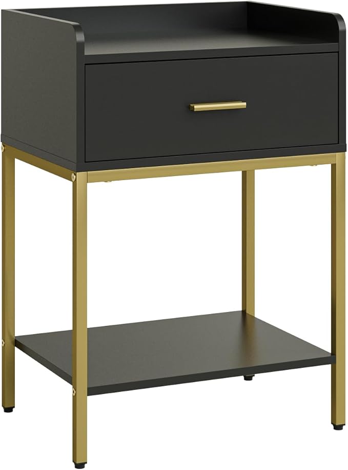 Masupu Nightstand,Bedside Table 3-Tier Modern Night Stand with Storage Drawer and Shelf,Small End Side Table for Bedroom,Living Room,Black (Without Outlet, Black)