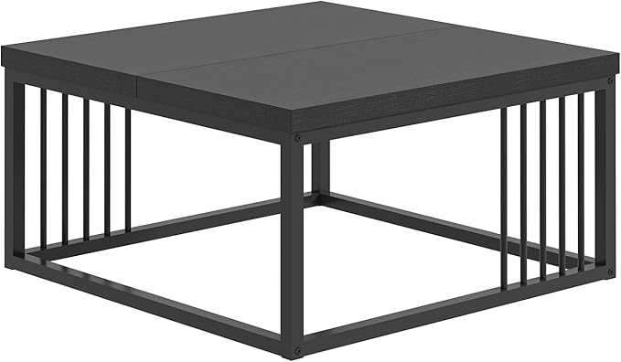 FOLUBAN Black Coffee Table, Modern Square Center Table for Living Room, Industrial Rustic Wood and Metal Cocktail Tea Table, 31.5 Inch