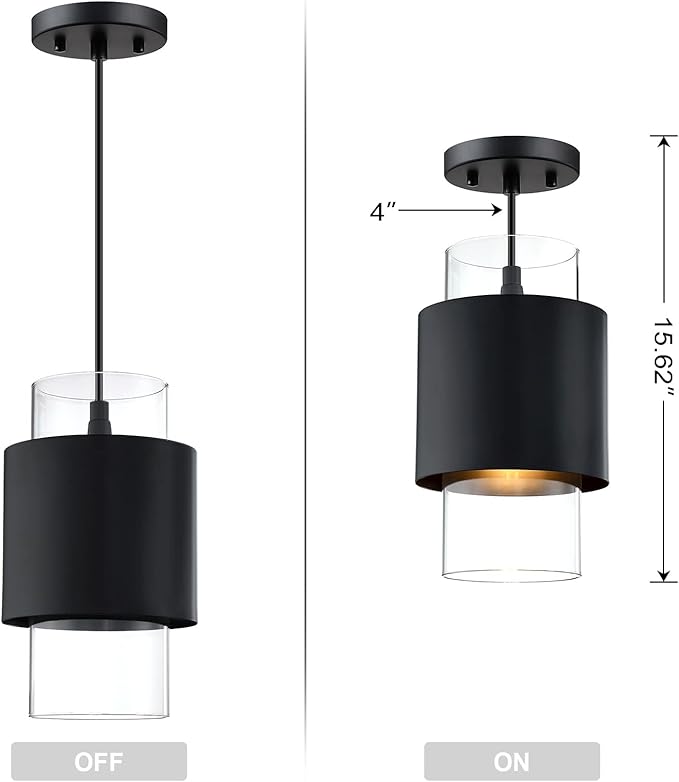 1 Light 3 Pack Hanging Indoor Kitchen Island Pendant Light 6" Drum Glass Shade Pendant Ceiling Light Fixtures Modern Farmhouse Dinning Over Sink (Black Finish)